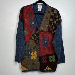 Susan Bristol Knit Vintage Multicolor Patchwork Cardigan Sweater Size L
